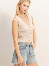 V-neck Knit Tank Top worn with denim shorts, featuring soft cotton-blend knit and button-front closure.