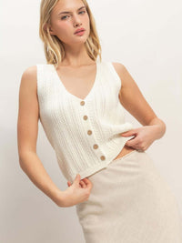 V-neck Knit Tank Top in soft knit with button-front closure and flattering V-neckline.
