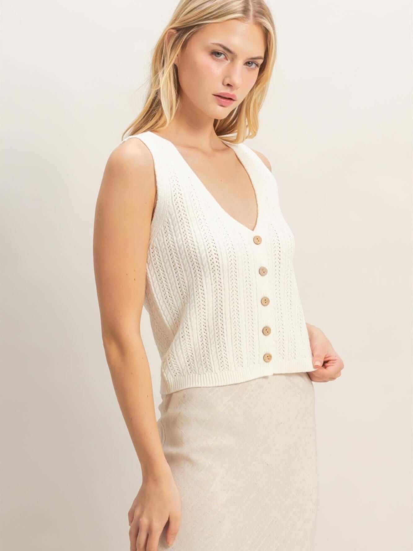 V-neck Knit Tank Top with button-front closure in soft cotton-blend fabric, perfect for versatile styling.
