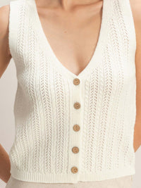 V-neck Knit Tank Top in soft cotton-blend with button-front closure and vertical ribbing for enhanced texture.