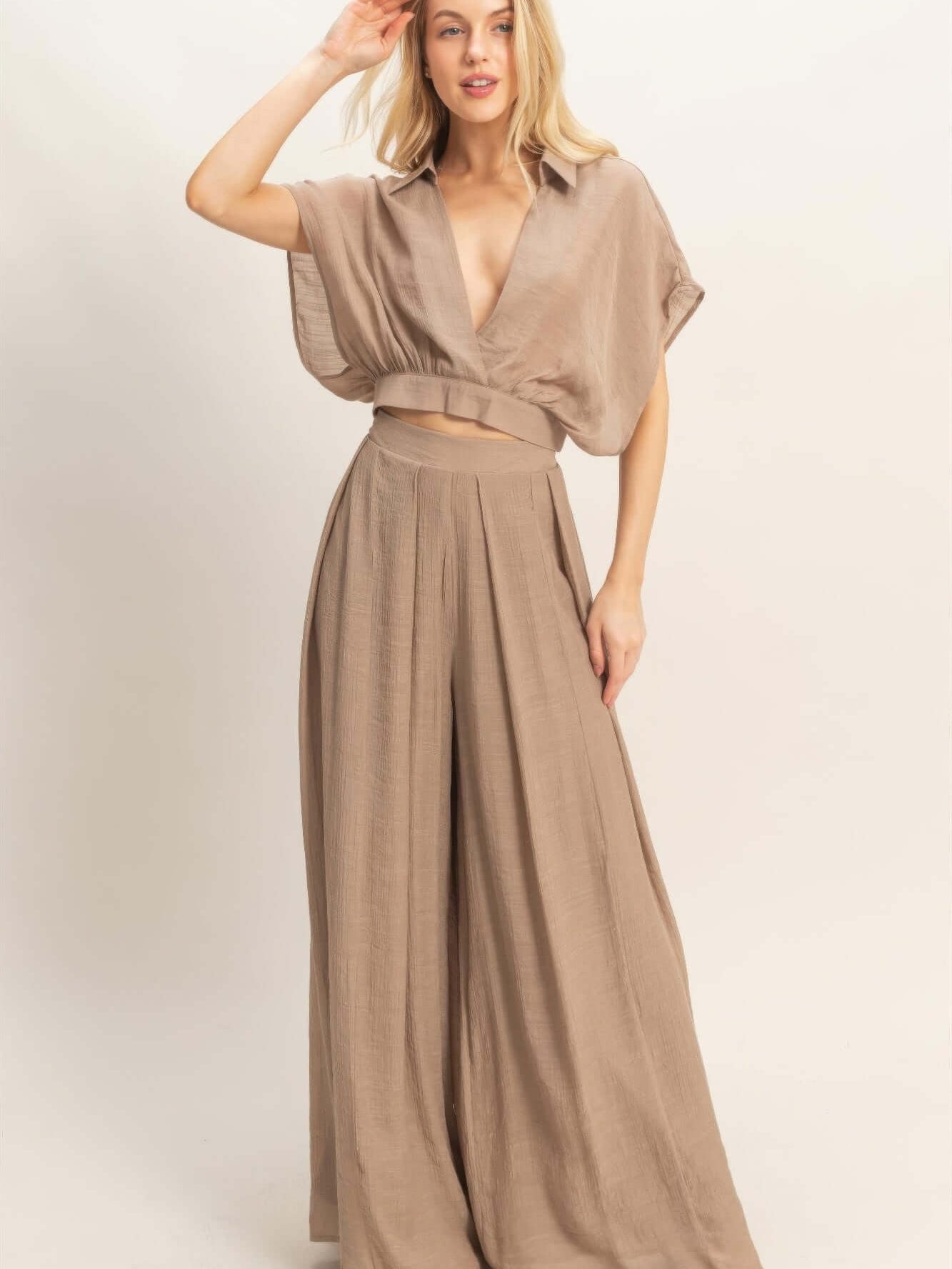 Collared Wrap Top & Wide-leg Pants Set in soft cotton-blend fabric, featuring a structured collar and flowing wide-leg design.