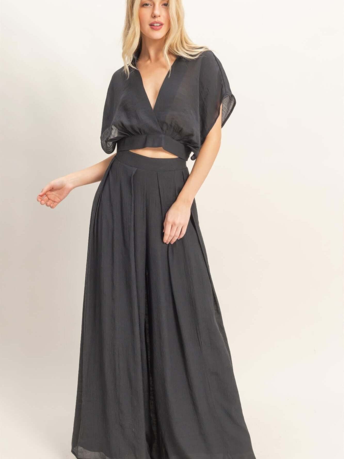 Collared Wrap Top & Wide-leg Pants Set in black, featuring a cropped wrap top and flowing wide-leg pants for stylish comfort.