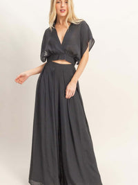 Collared Wrap Top & Wide-leg Pants Set in black, featuring a cropped wrap top and flowing wide-leg pants for stylish comfort.