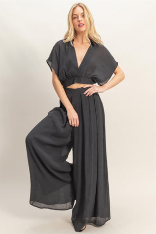 Collared Wrap Top & Wide-leg Pants Set