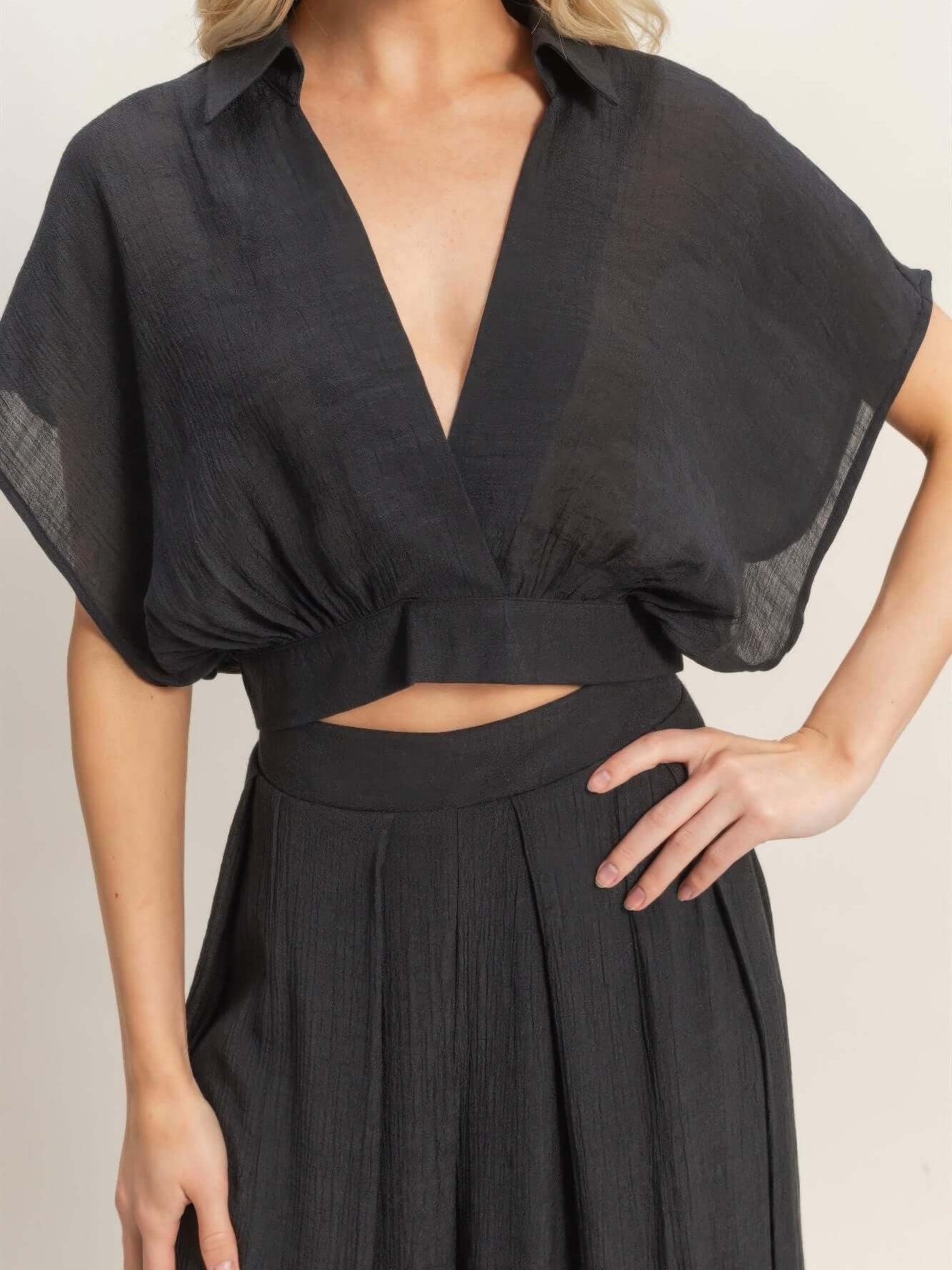 Collared Wrap Top & Wide-leg Pants Set featuring a stylish cropped wrap top and flowing wide-leg pants in black.
