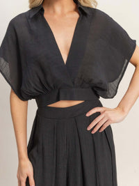 Collared Wrap Top & Wide-leg Pants Set featuring a stylish cropped wrap top and flowing wide-leg pants in black.