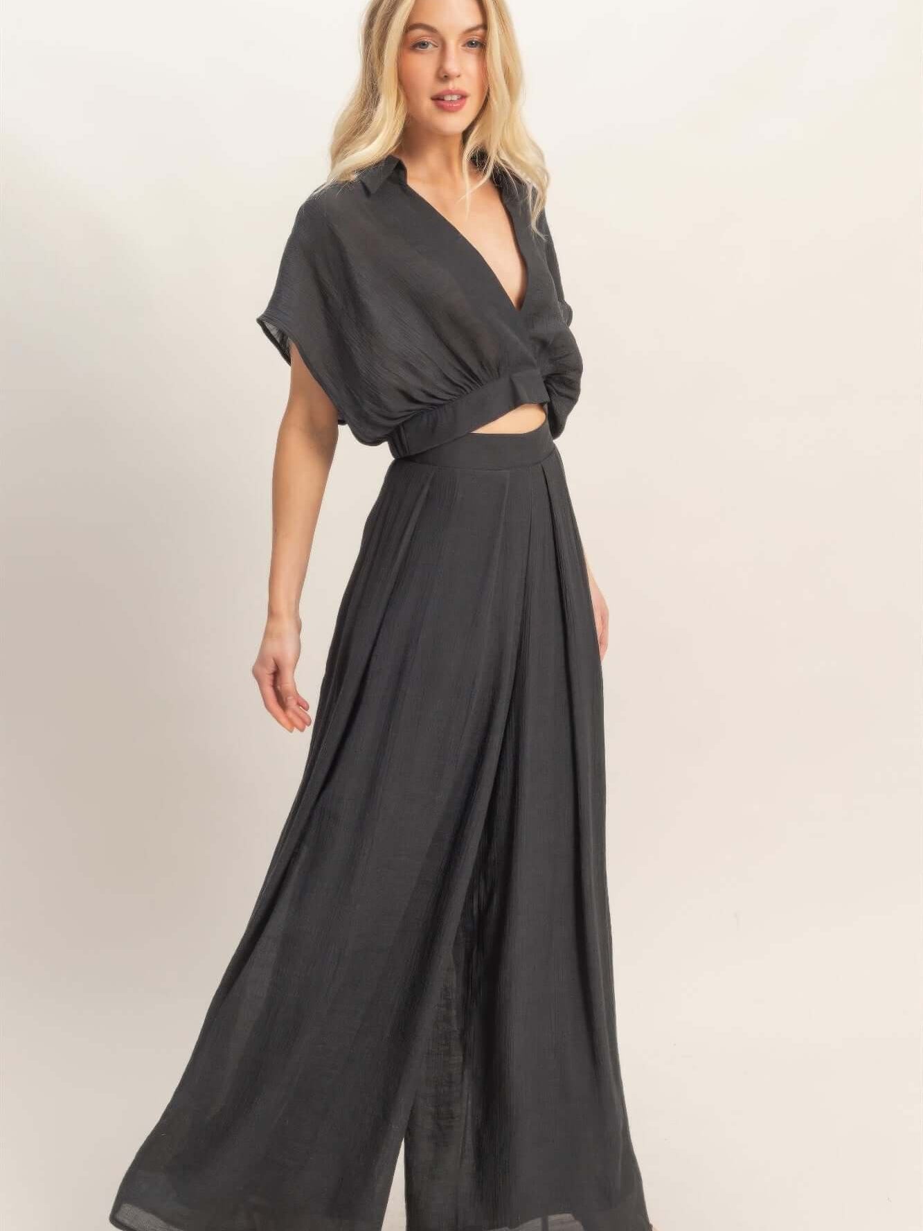Collared Wrap Top & Wide-leg Pants Set in black, featuring a structured collar and flowing wide-leg pants.