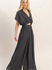 Collared Wrap Top & Wide-leg Pants Set in black, featuring a structured collar and flowing wide-leg pants.