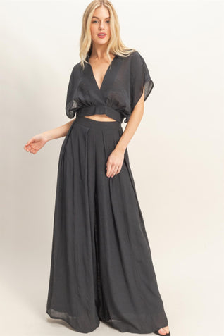 Collared Wrap Top & Wide-leg Pants Set