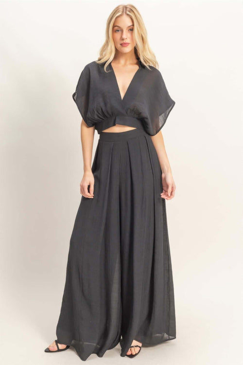 Collared Wrap Top & Wide-leg Pants Set