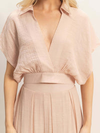 Collared Wrap Top & Wide-leg Pants Set featuring a soft cotton-blend cropped wrap top in blush.