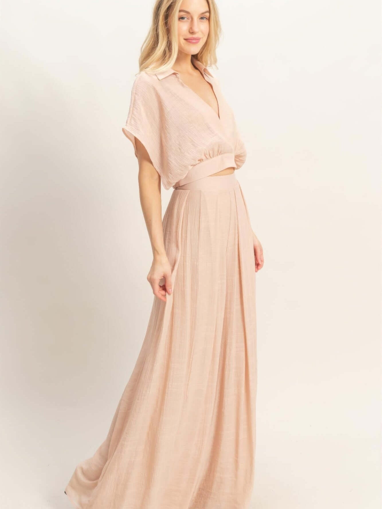 Collared Wrap Top & Wide-leg Pants Set in soft pink, showcasing a structured collar and flowing wide-leg design.
