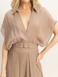Collared Wrap Top & Wide-leg Pants Set featuring a stylish cropped wrap top with a structured collar and flowing wide-leg pants.