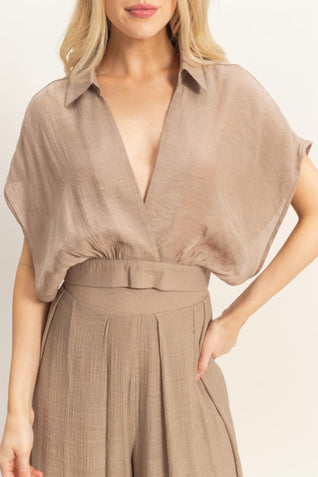 Collared Wrap Top & Wide-leg Pants Set