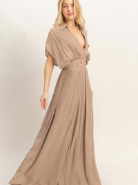 Collared Wrap Top & Wide-leg Pants Set in soft cotton-blend fabric for effortless sophistication and comfort.