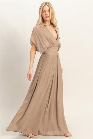 Collared Wrap Top & Wide-leg Pants Set