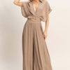 Collared Wrap Top & Wide-leg Pants Set