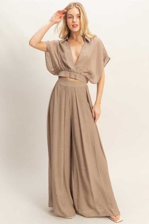Collared Wrap Top & Wide-leg Pants Set