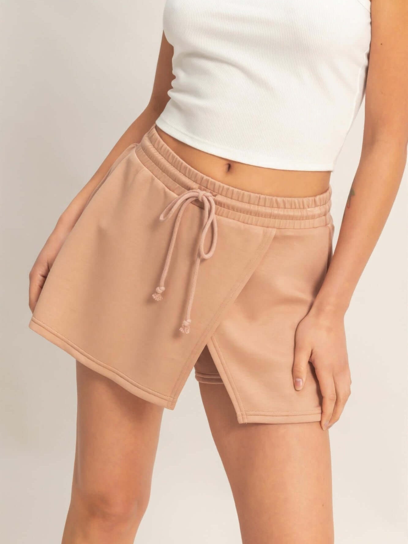 Wrap Front Elastic Waist Skort in a soft stretch-blend fabric, perfect for active-inspired outfits.
