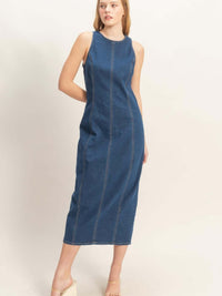 Sleeveless Denim Midi Dress showcasing clean lines and modern versatility in a comfortable stretch-blend fabric.