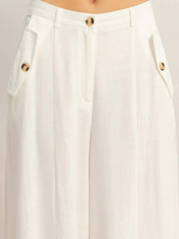 Wide-leg Flap Pocket Pants with structured silhouette and flap pockets, showcasing a breathable rayon-linen blend.