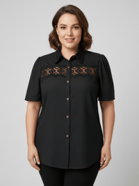 The Inez Lace Panel Collared Blouse - black button-front blouse with lace panel and classic collar in sizes L to 2XL.
