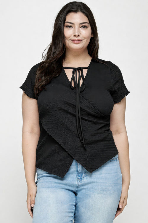 Plus Size Textured Wrap Top With Tie Neck