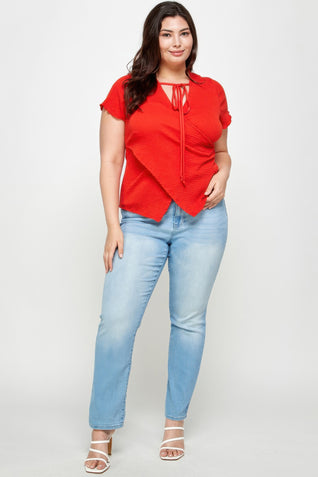 Plus Size Textured Wrap Top With Tie Neck