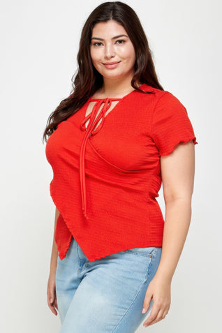 Plus Size Textured Wrap Top With Tie Neck