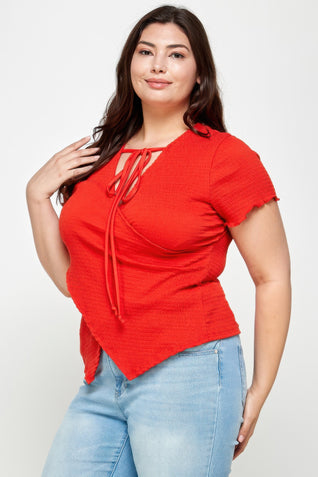 Plus Size Textured Wrap Top With Tie Neck