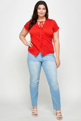 Plus Size Textured Wrap Top With Tie Neck