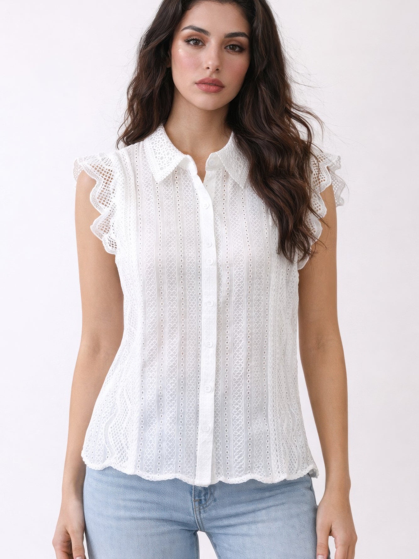 Timeless Cotton Eyelet Lace Button-Front Blouse with scalloped flutter sleeves and button closure.