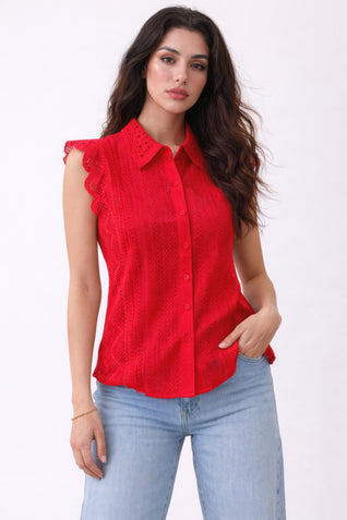 Timeless Cotton Eyelet Lace Button-front Blouse