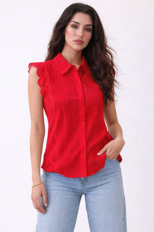 Timeless Cotton Eyelet Lace Button-Front Blouse