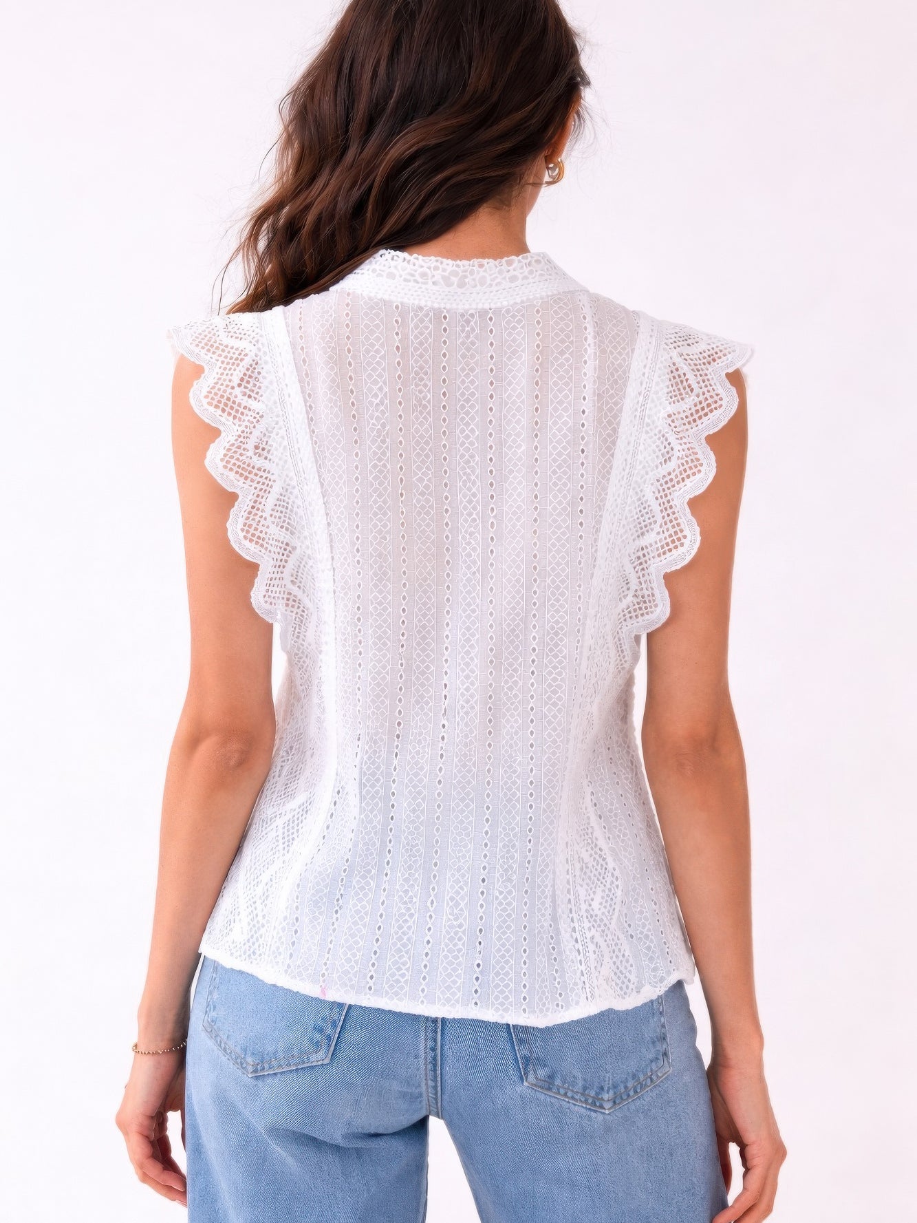 Back view of the Timeless Cotton Eyelet Lace Button-Front Blouse featuring scalloped flutter sleeves.