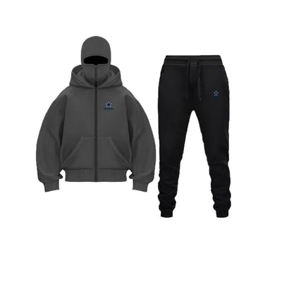 Unique Design Double Hooded Zip-Up Sweatshirt Set for Men and Women featuring a hooded sweatshirt and matching pants.