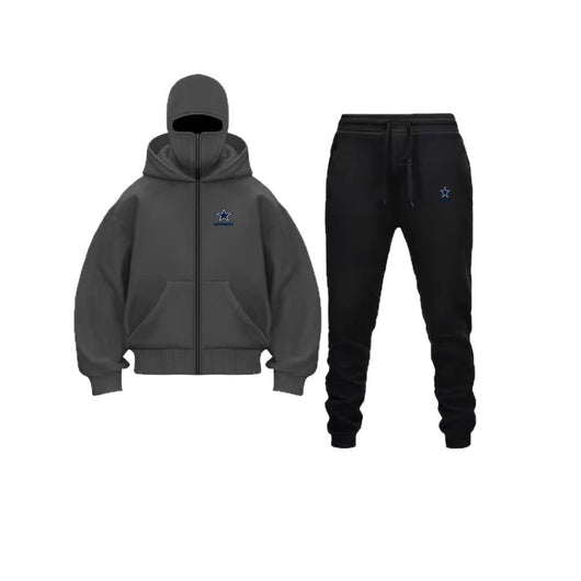 Unique Design Double Hooded Zip-Up Sweatshirt Set for Men and Women featuring a hooded sweatshirt and matching pants.
