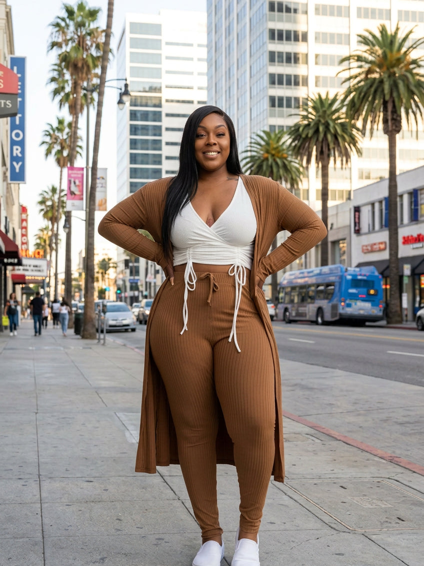 Ribbed long cardigan and matching leggings set in camel brown with drawstring waist.