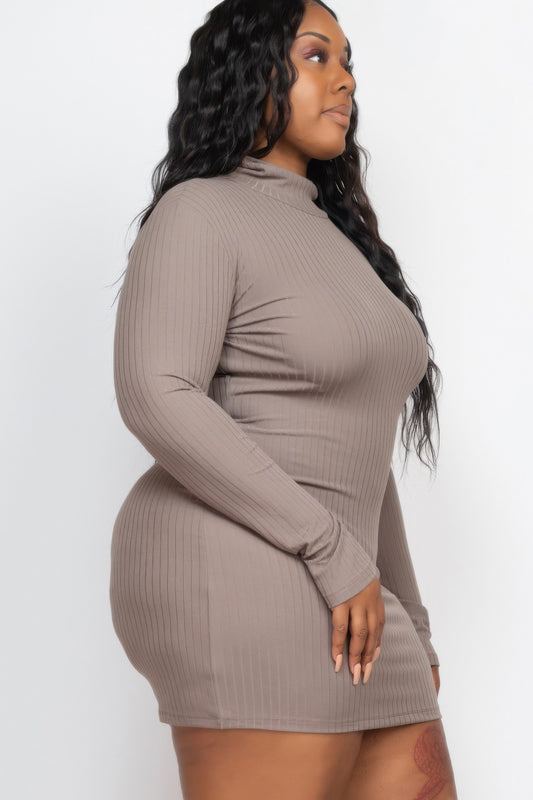 Plus size model wearing a ribbed long sleeve mock neck mini bodycon dress in taupe, showcasing a flattering silhouette.