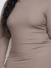 Plus size ribbed long sleeve mock neck mini bodycon dress in soft taupe fabric, showcasing a stylish and comfortable fit.