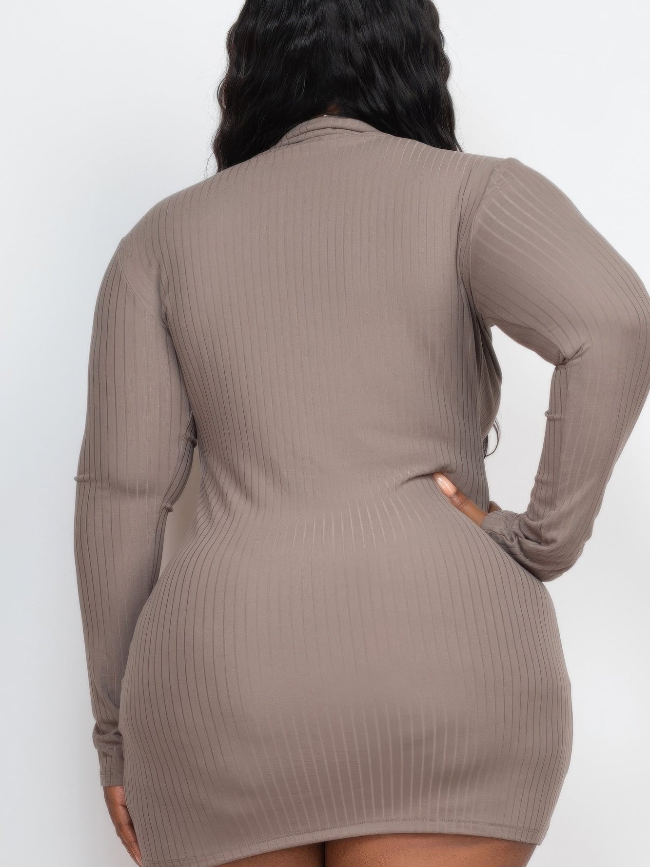 Back view of a plus size ribbed long sleeve mock neck mini bodycon dress in a neutral color, highlighting its flattering fit.