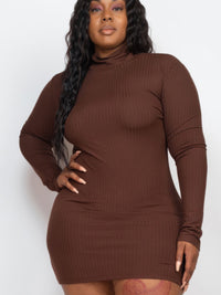 Plus size model in a brown ribbed long sleeve mock neck mini bodycon dress, showcasing a flattering silhouette.