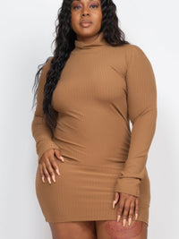 Plus size ribbed long sleeve mock neck mini bodycon dress in caramel color, featuring a slim fit and cozy fabric.