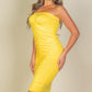 Model wearing a yellow 4-way ruched tube midi dress showcasing a flattering bodycon fit and stylish design.