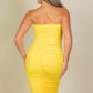 Back view of a yellow 4-way ruched bodycon tube midi dress, showcasing its flattering silhouette and elegant design.