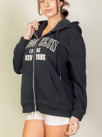 Graphic drop shoulder zipper hoodie featuring Brooklyn logo, perfect for casual style and comfort.