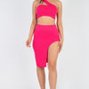 Sexy Solid One Shoulder Crop Top & Split Thigh Midi Skirt Set