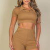 Ribbed Collared Short Sleeve Crop Top & Shorts Set