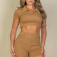 Ribbed Collared Short Sleeve Crop Top & Shorts Set