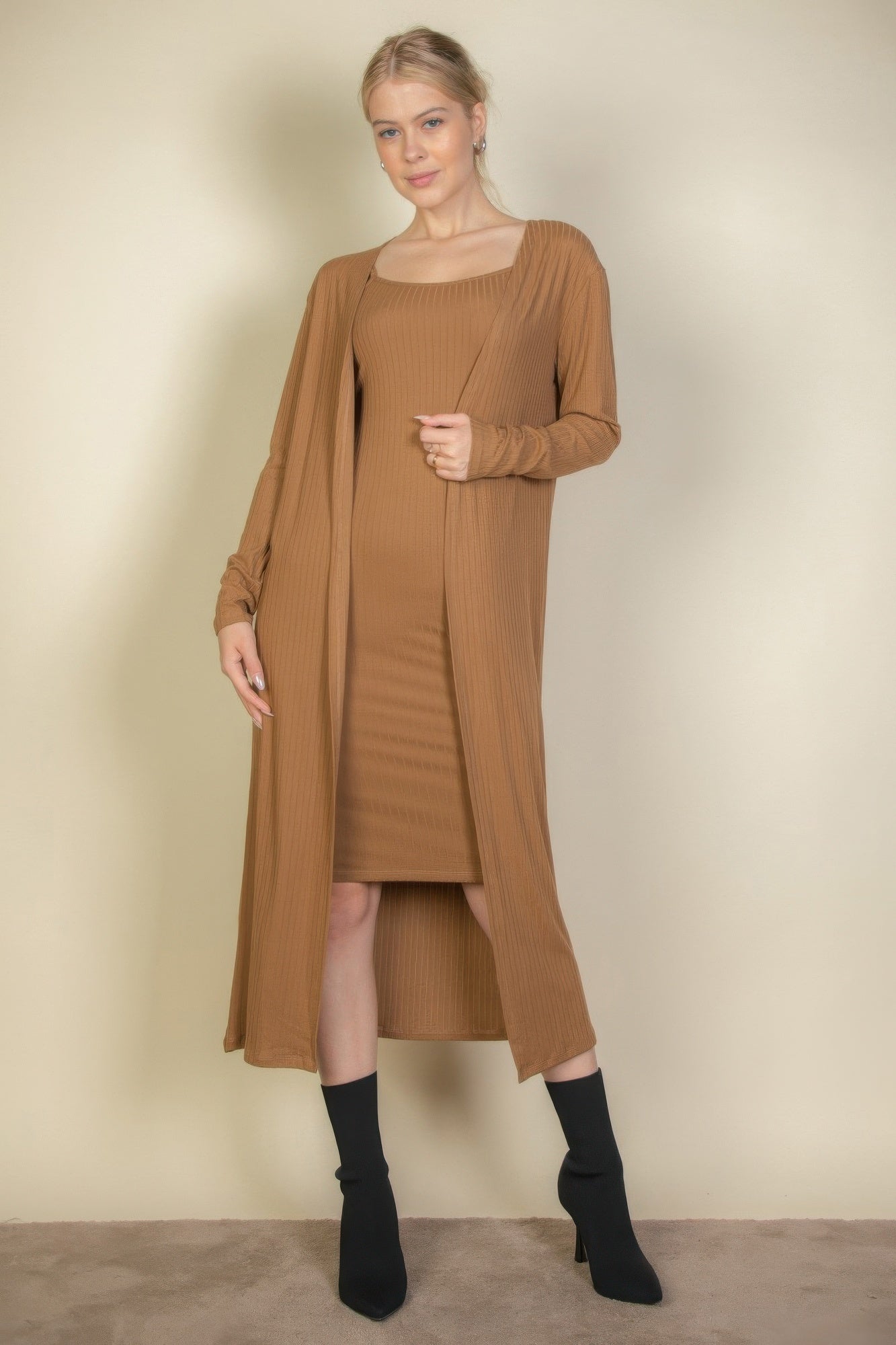 Ribbed Cardigan & Cami Midi Bodycon Dress